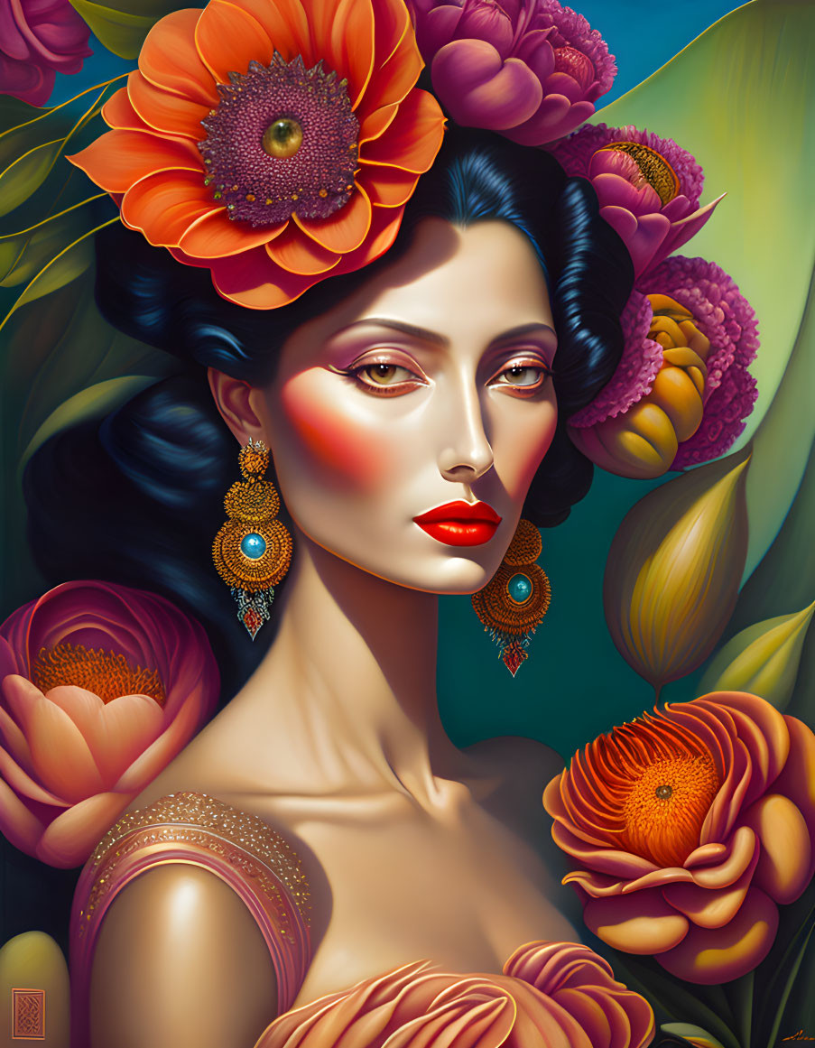 Stylized woman portrait with floral hair, vibrant colors, ornate earrings, serene expression, lush