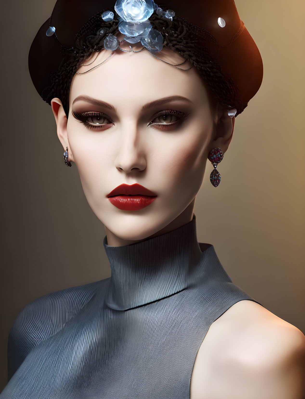 Digital art portrait of woman with striking makeup, stylish hat, and crystal embellishments