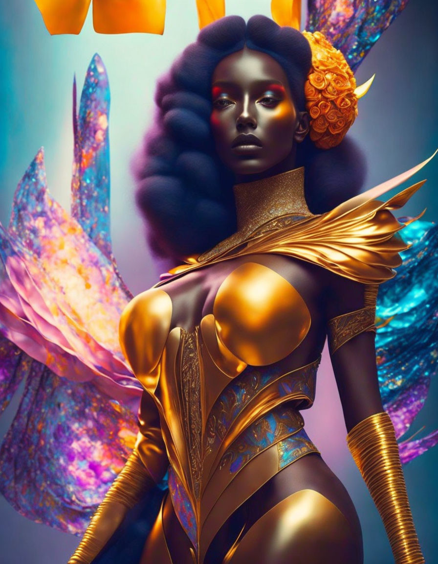 Fantasy-themed artwork of a dark-skinned woman in golden armor with butterfly wings