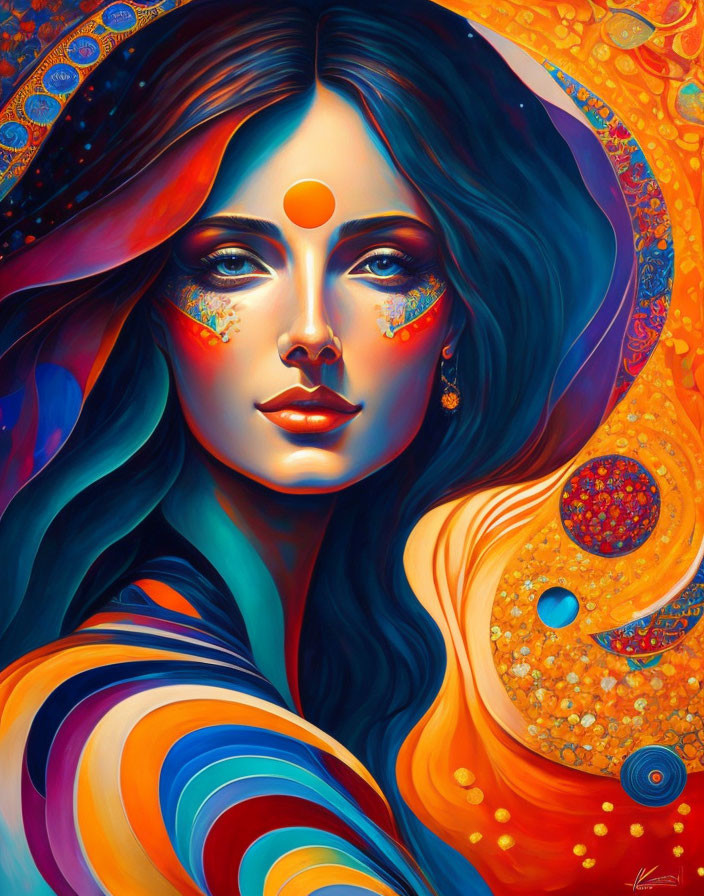 Colorful portrait of a woman with flowing hair in warm hues and intricate patterns