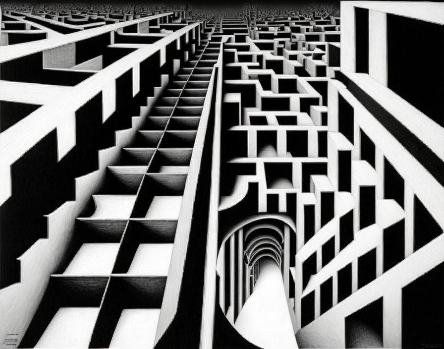 Monochrome optical illusion of intricate maze with staircases