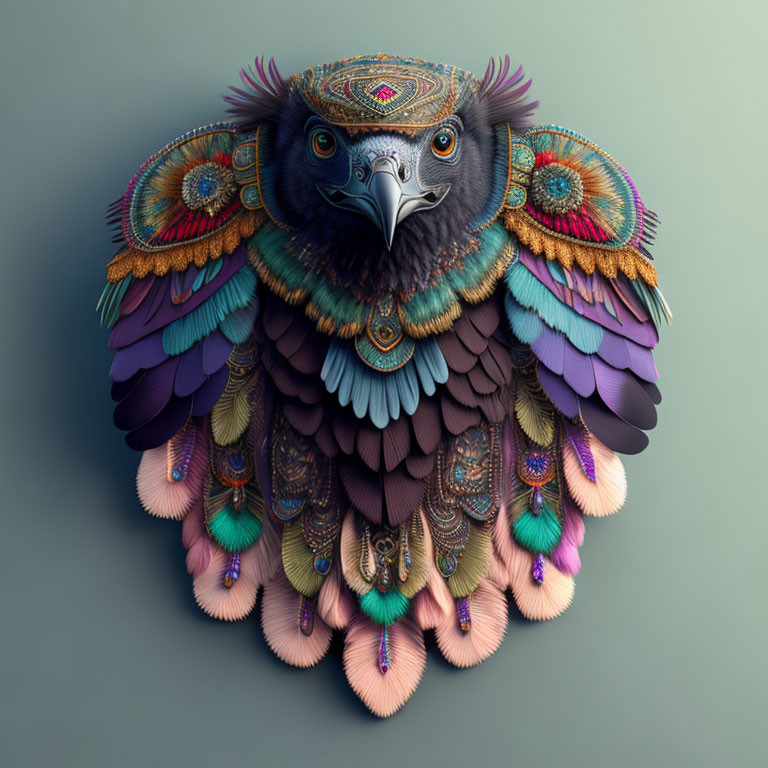 Vibrant digital artwork: Eagle with purple, blue, and brown feathers on green background