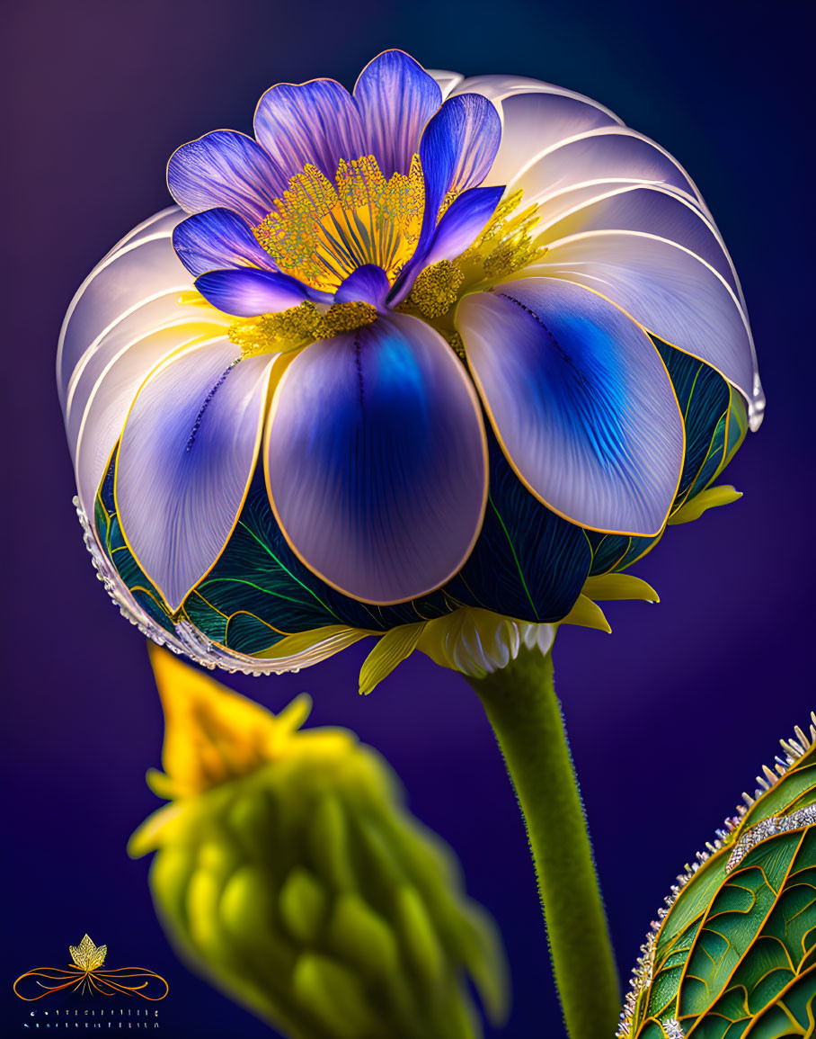 Colorful Translucent Flower with Blue and White Petals on Purple Background