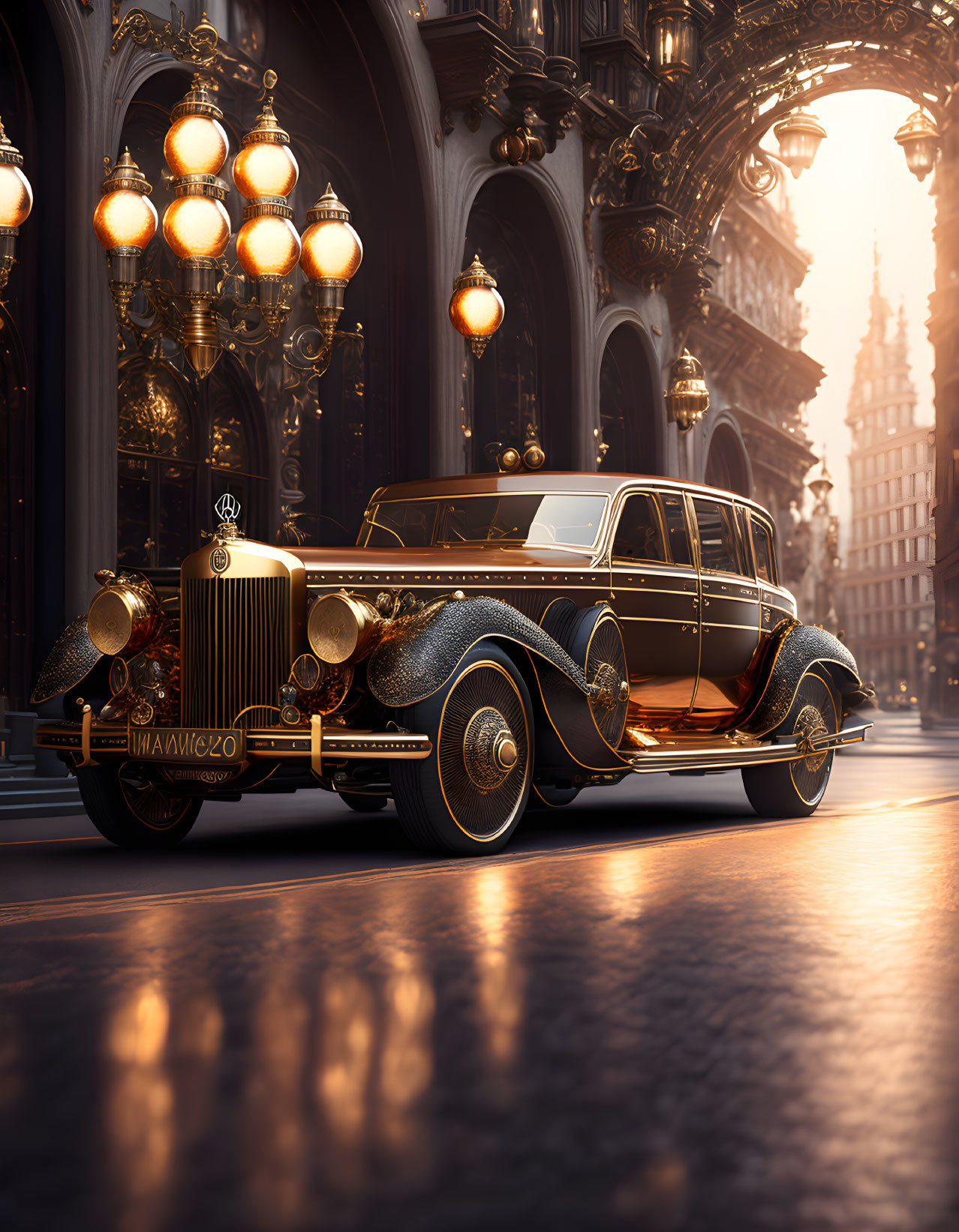 Vintage Luxury Car on Cobblestone Street with Ornate Street Lamps and Classical Architecture at Sunset