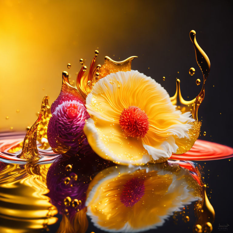 Yellow flower and gold liquid creating dynamic shapes on water surface