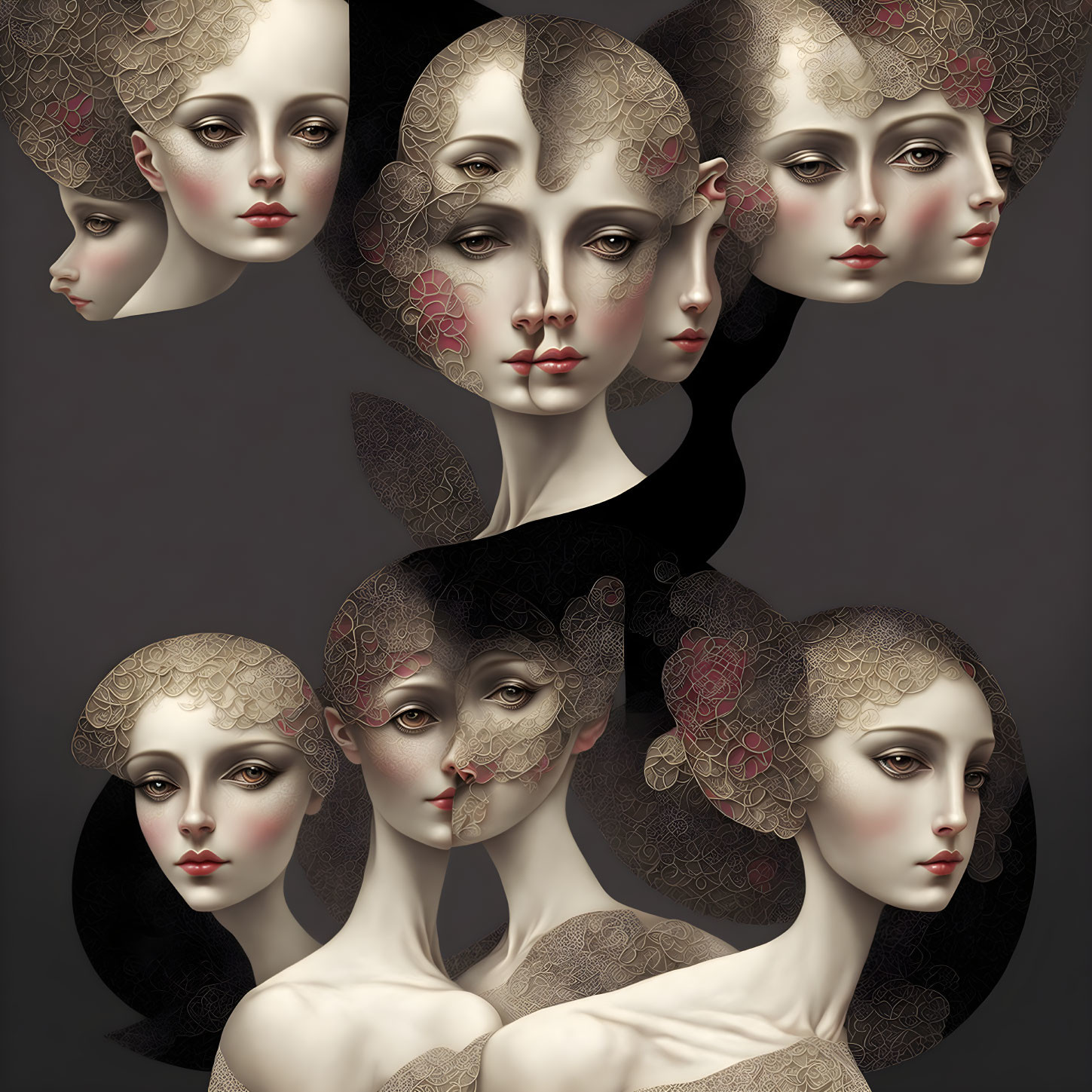 Collage of Six Stylized Female Faces with Lace Patterns on Dark Background