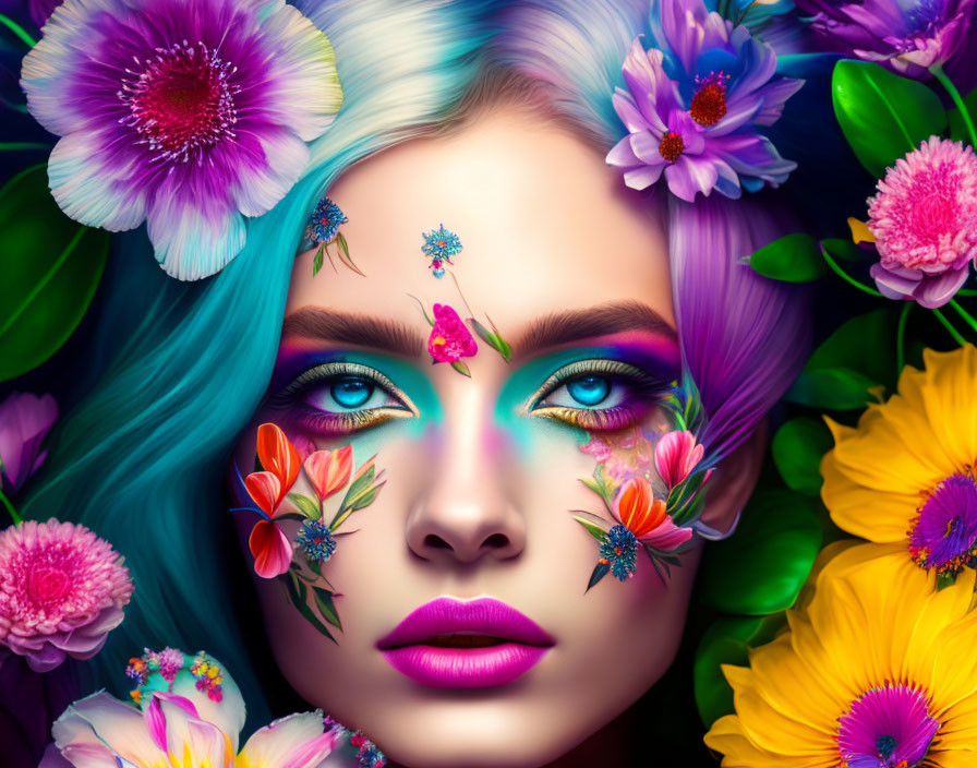 Colorful portrait of a woman with floral makeup, blue eyes, and turquoise hair among vibrant flowers