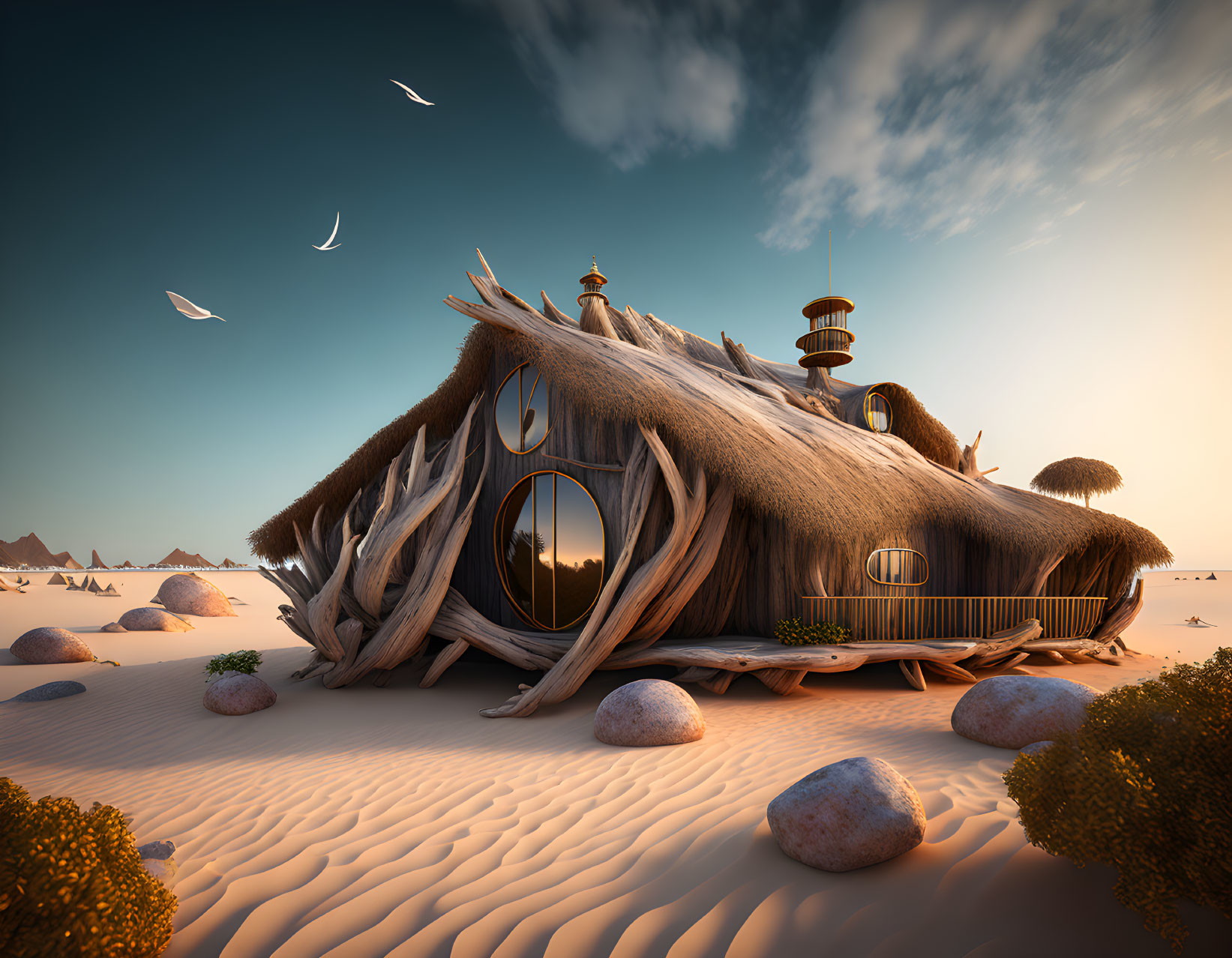 Thatch-Roofed House in Desert Landscape with Sand Dunes