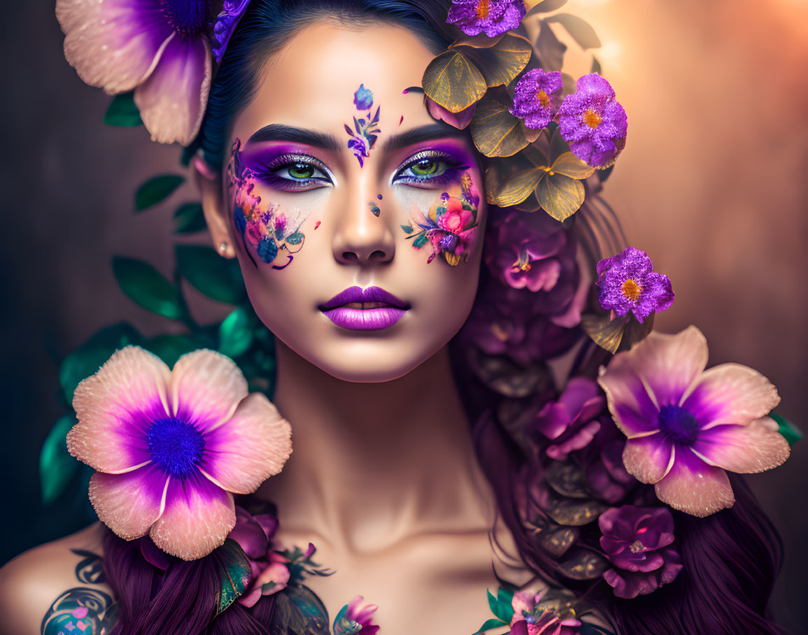 Woman with Floral Makeup and Flowers in Hair for Ethereal Look