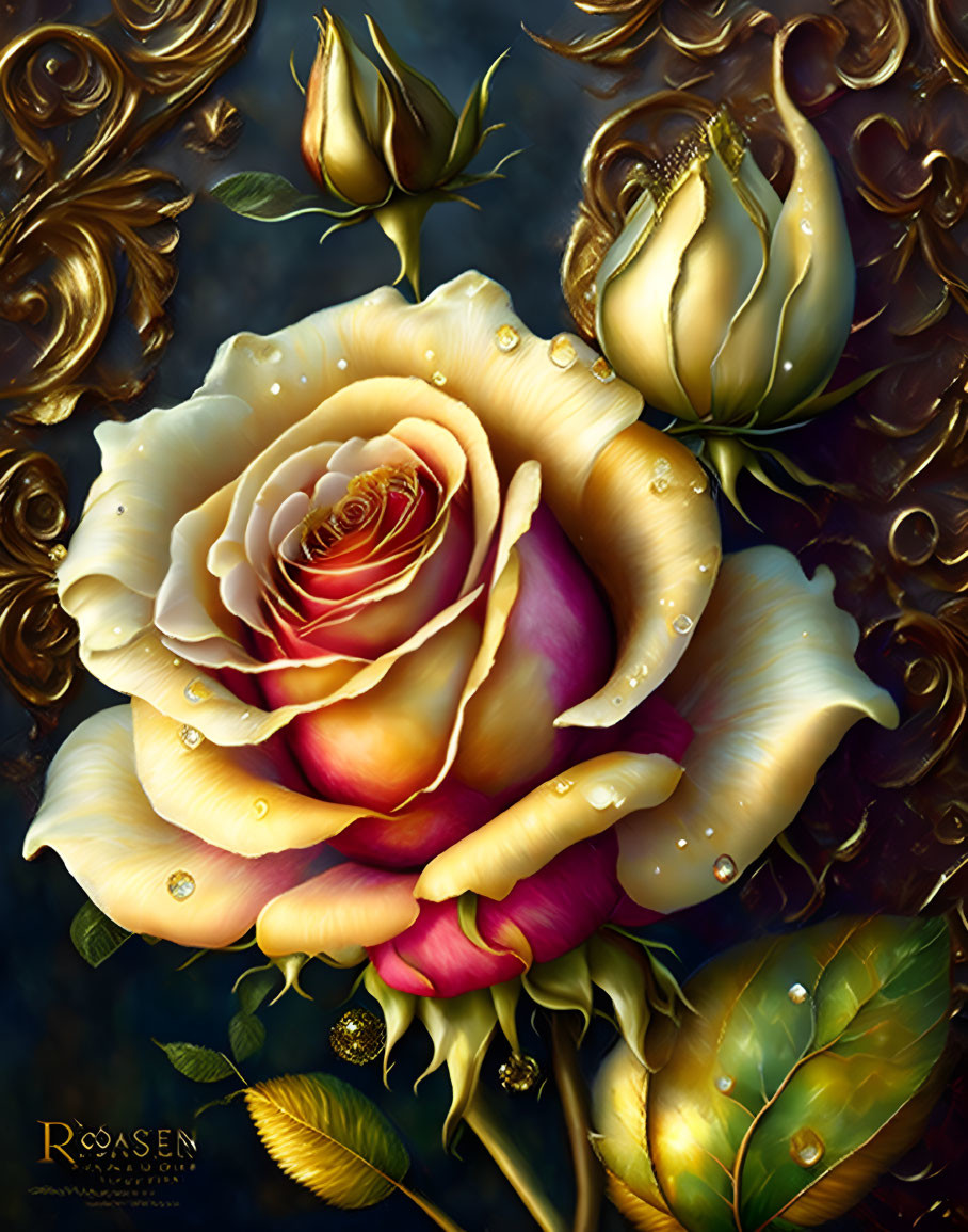 Golden rose illustration with pink center and ornate patterns, water droplets and signature.