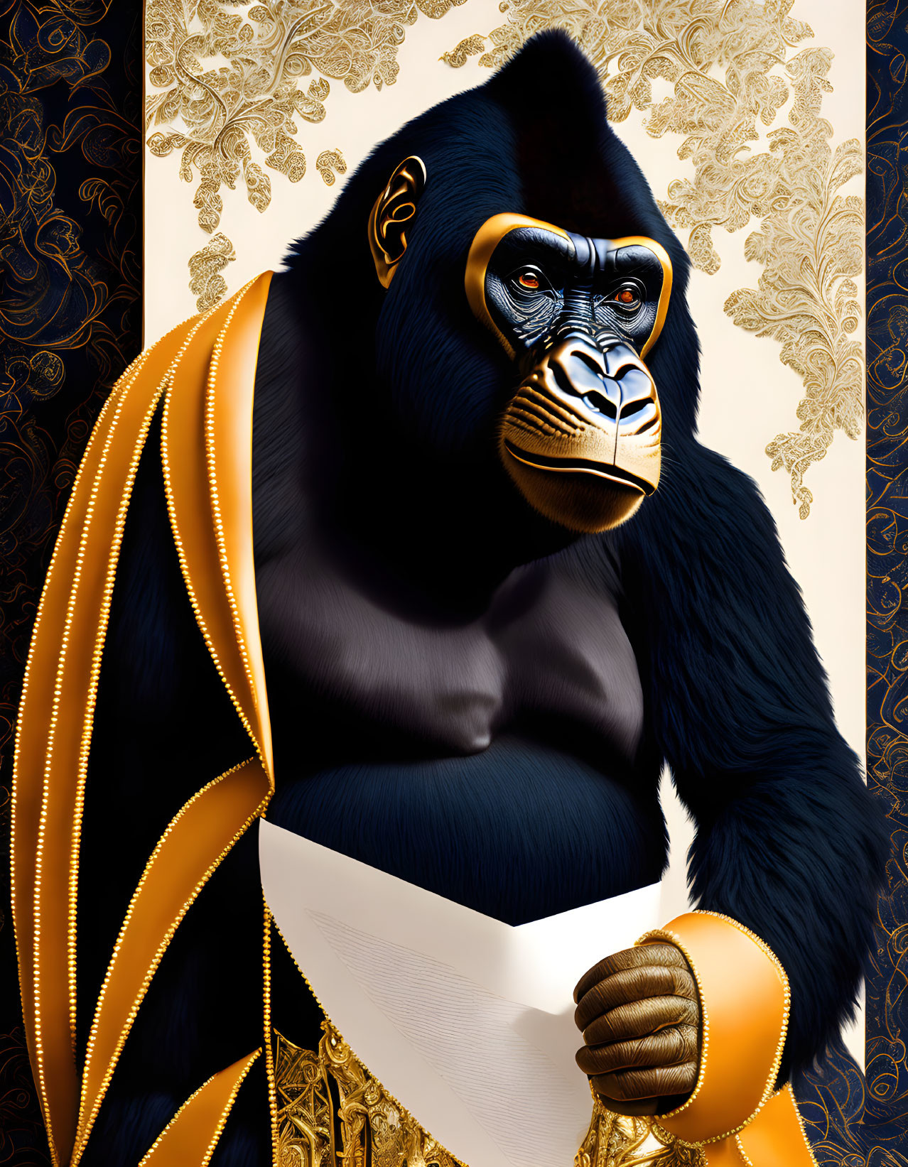 Regal gorilla illustration in elegant attire against patterned backdrop