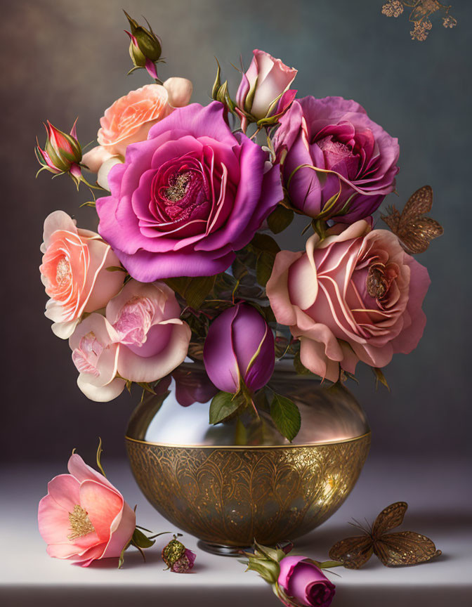 Pink and Purple Roses Bouquet with Butterflies in Golden Bowl on Textured Background