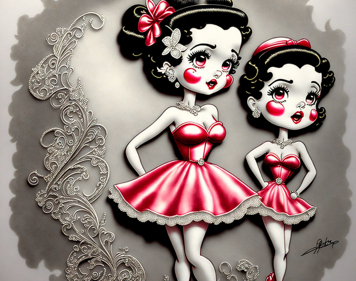 Vintage-style animated female characters in pink dresses with silver flourish.