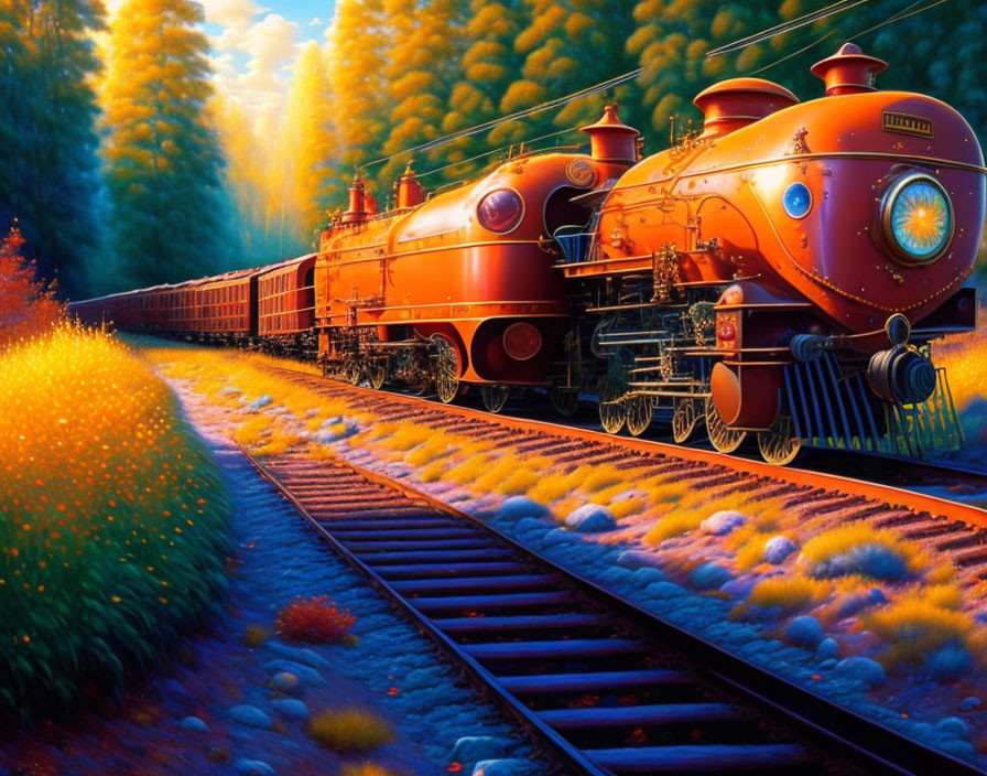 Colorful steam train illustration in nature setting.