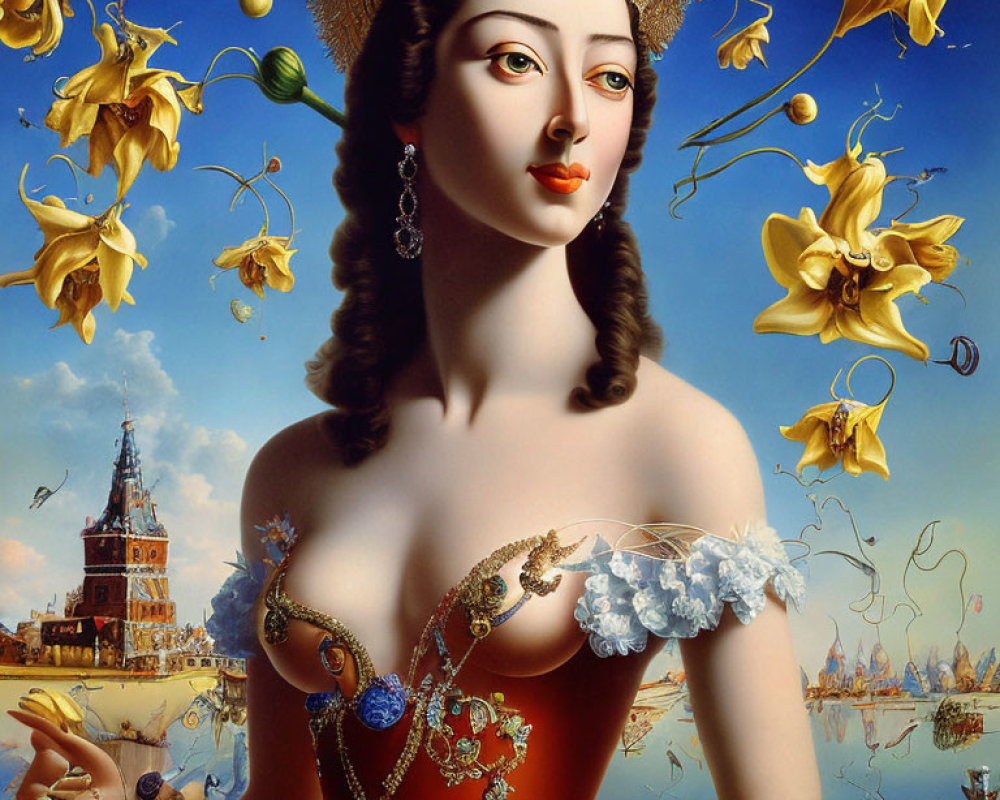 Surreal portrait of a woman in classical attire against a blue sky with floating flowers