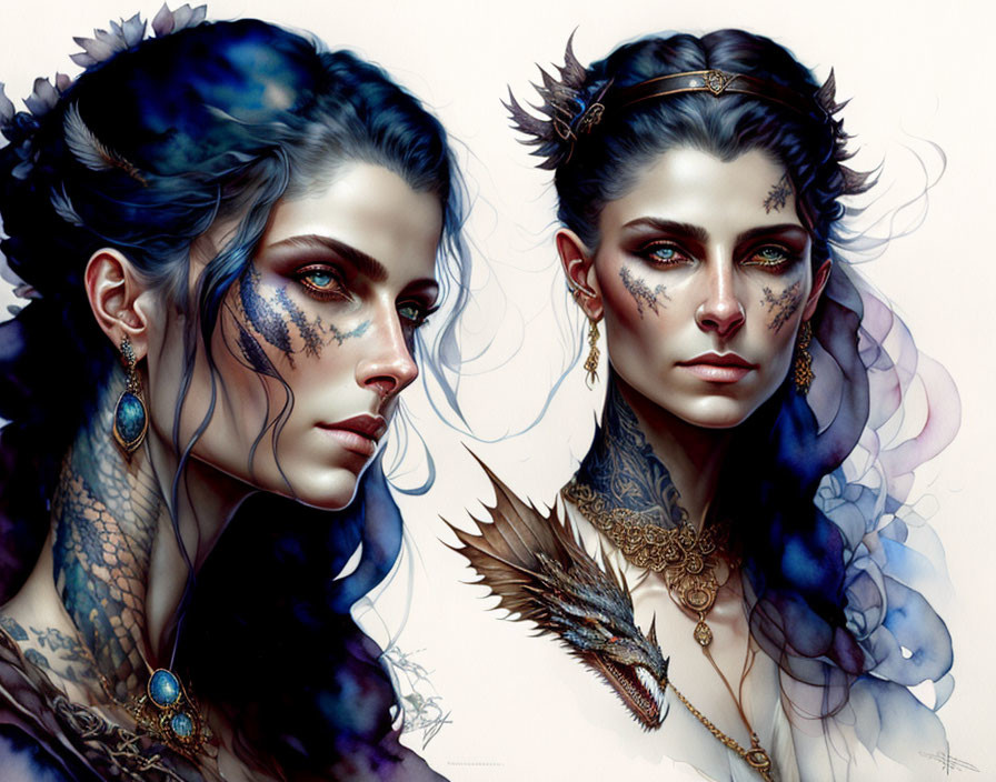 Stylized portraits of women with blue feathered themes and fantasy makeup, accompanied by a small dragon