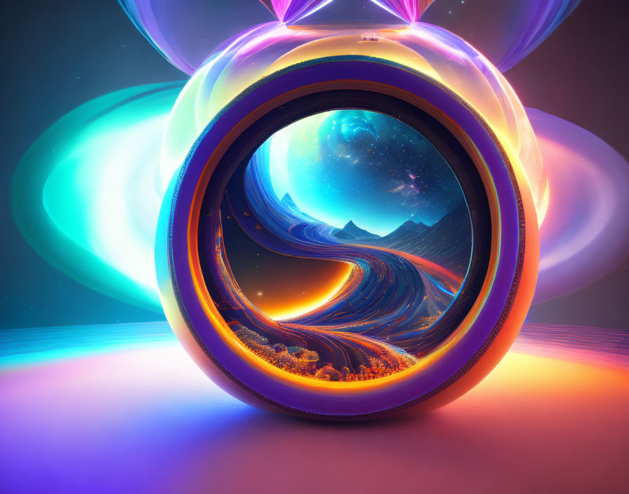 Colorful digital artwork: Circular pathway into cosmic landscape