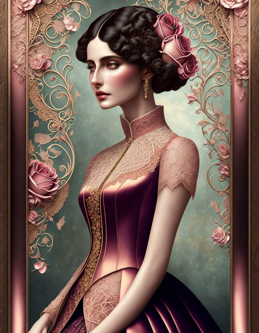 Vintage Attired Woman Digital Artwork with Floral Motifs in Gold Frame