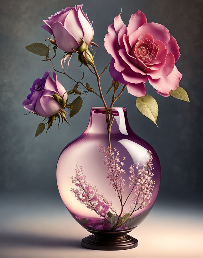 Purple Glass Vase with Pink Rose and Painted Flowers Display