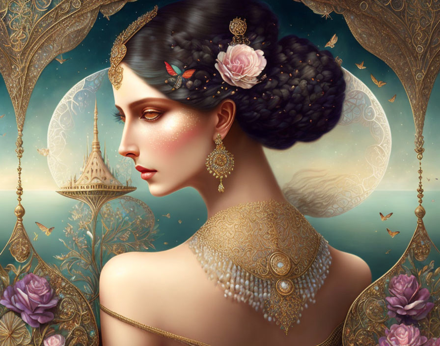 Illustrated woman with ornate jewelry in moonlit floral scene