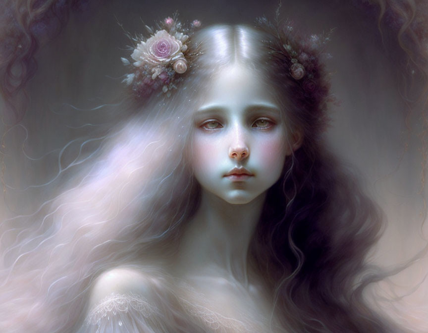 Young ethereal figure with long wavy hair and flower crown in soft, mystical setting.