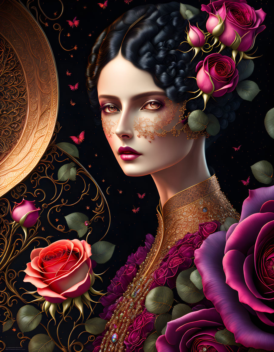 Digital artwork: Woman with intricate rose-adorned hair, butterflies, gold filigree, and