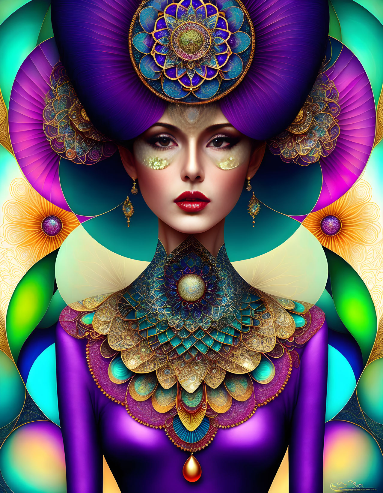 Digital artwork of woman with ornate peacock feather design headdress and garment in vibrant colors.