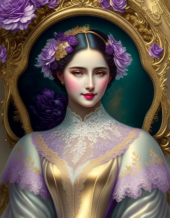 Digital painting of woman with purple flowers, golden oval frame, lavender dress & lace details