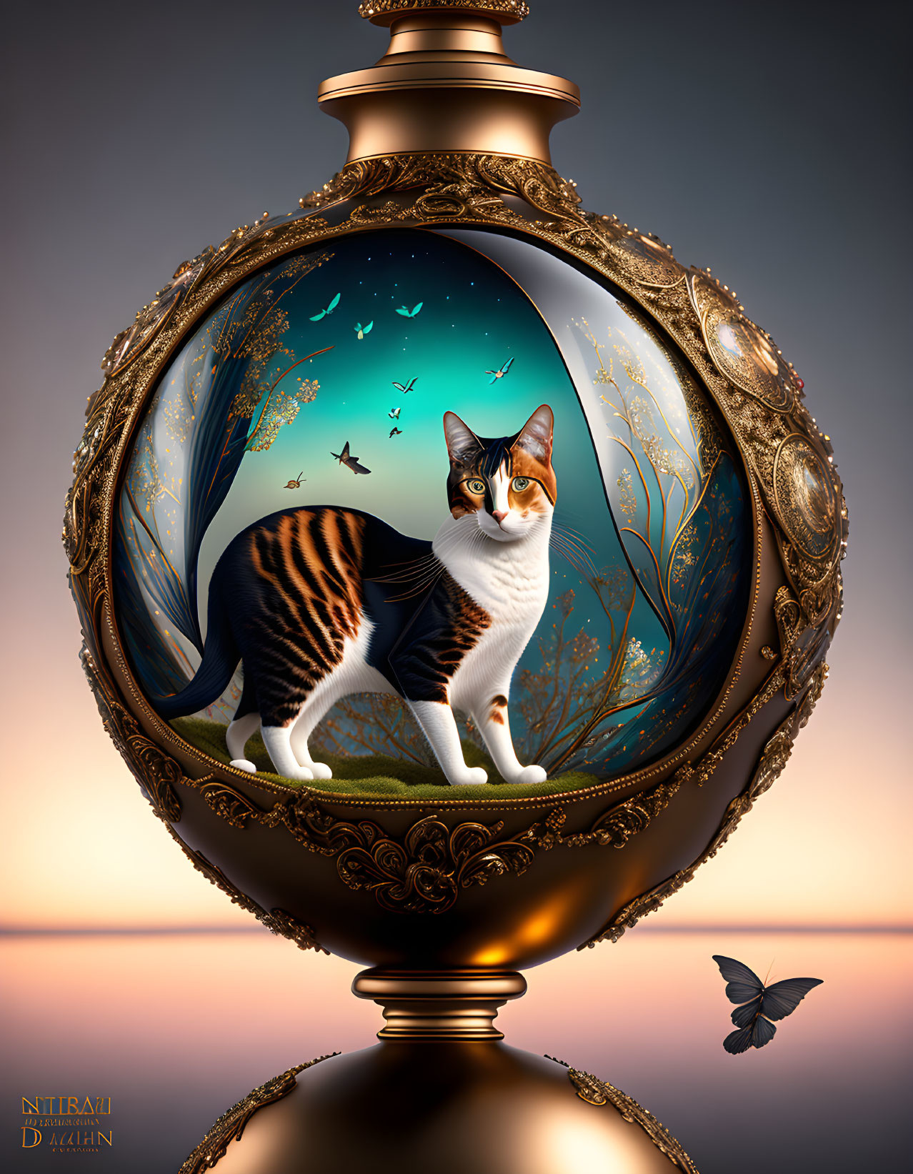 Three-Colored Cat in Golden Frame Against Twilight Sky and Sea