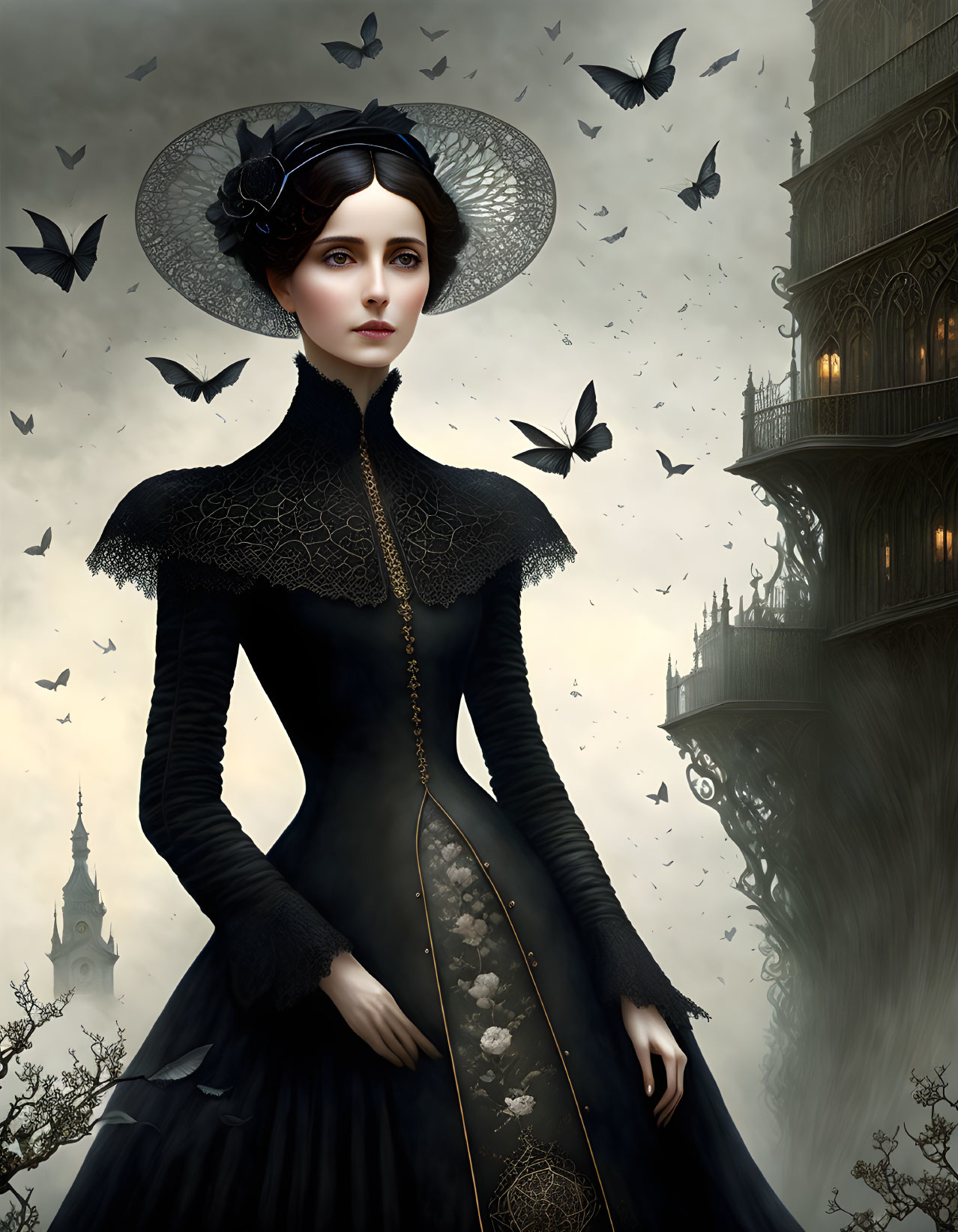 Victorian woman in black dress with birds near gothic structure