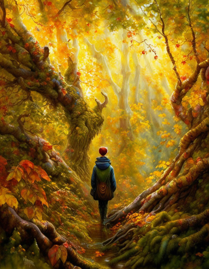 Person in red hat walks in autumn forest with golden leaves & tree with face