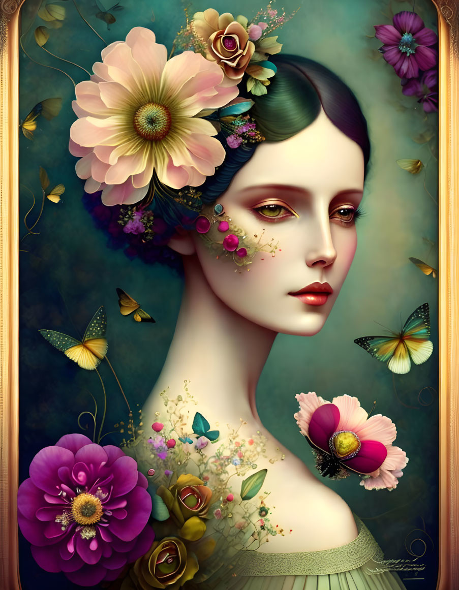 Surreal portrait: Woman with flowers and butterflies in golden frame