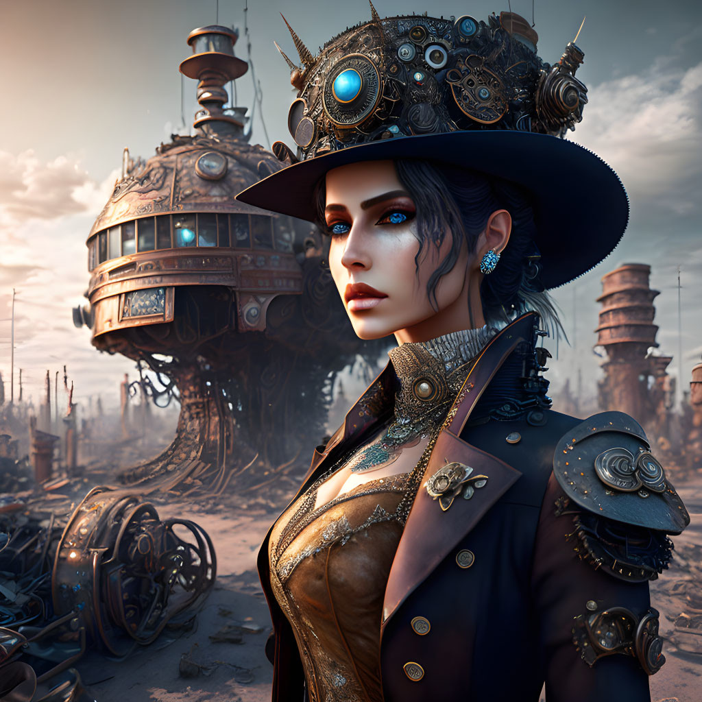 Steampunk-themed woman with intricate hat and mechanical elements in dystopian setting