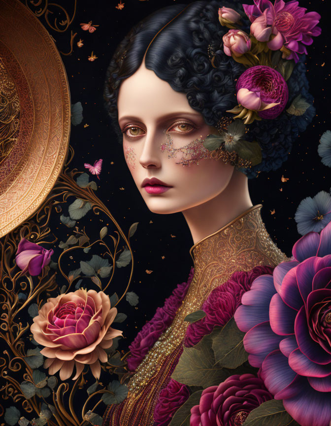 Ethereal portrait of a woman with gold details and dark florals