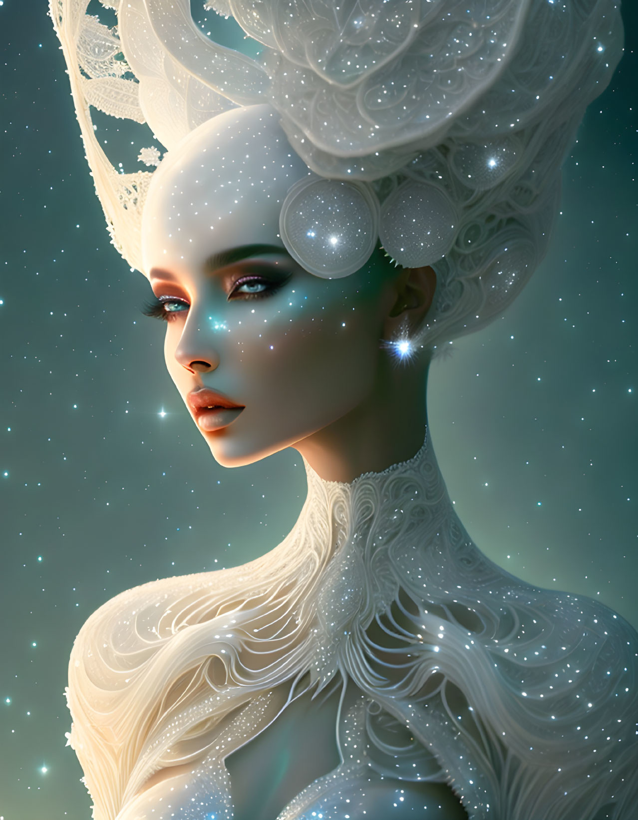 Ethereal figure with pale skin and white headpiece in starry background