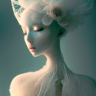 Ethereal figure with pale skin and white headpiece in starry background