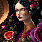 Ethereal portrait of a woman with gold details and dark florals