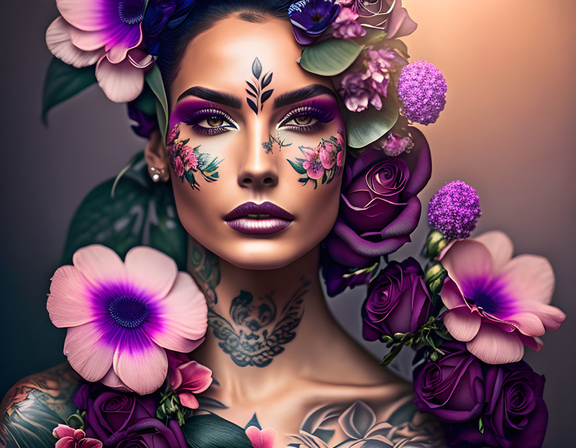 Digital artwork of a woman with floral tattoos and makeup surrounded by vibrant purple and pink flowers