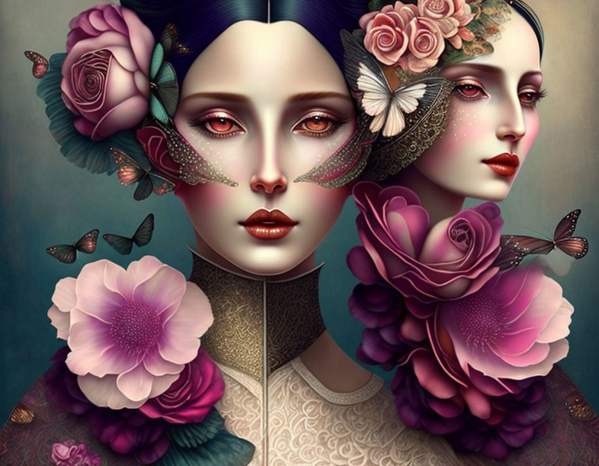 Stylized female figures with floral adornments and butterflies in surreal vintage design