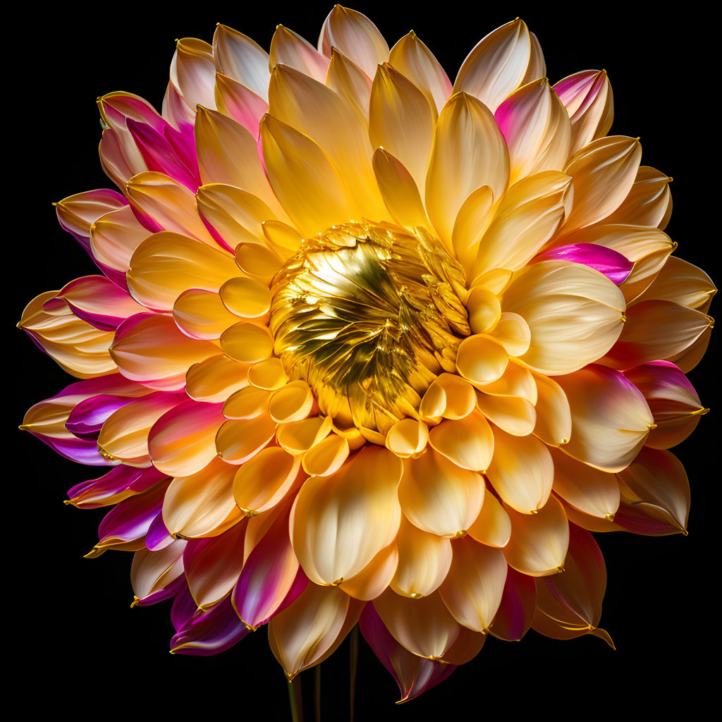 Vibrant Dahlia with Yellow to Pink Gradient Petals on Black Background