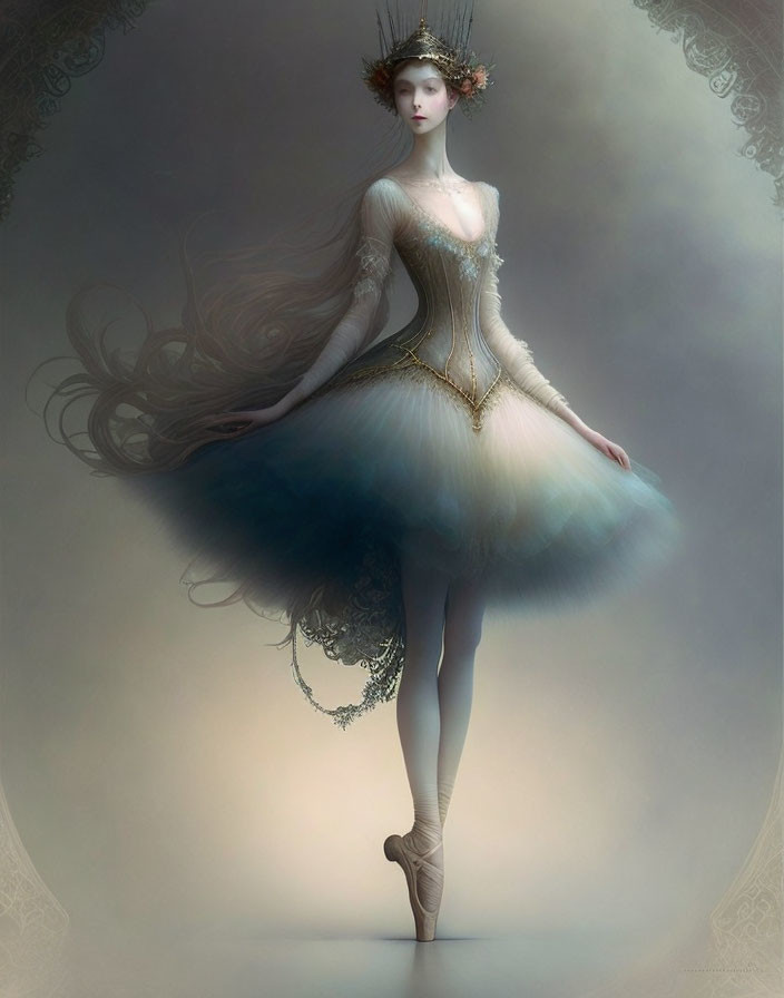 Graceful ballerina in pastel tutu and headdress on pointe