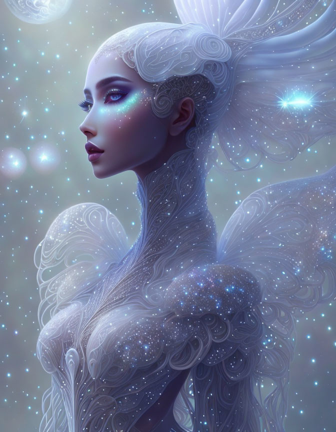 Celestial woman with star-filled wings in surreal portrait