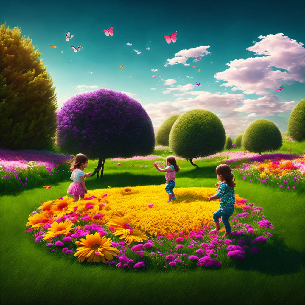 Children playing in vibrant garden with lush green trees and colorful flowers