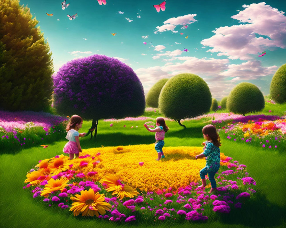 Children playing in vibrant garden with lush green trees and colorful flowers