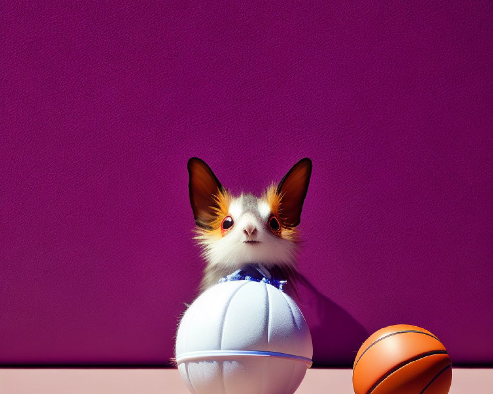 Furry creature with large ears in white basketball on purple background