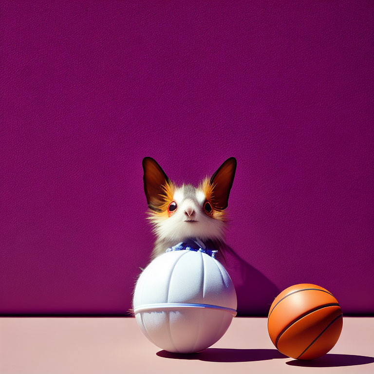 Furry creature with large ears in white basketball on purple background