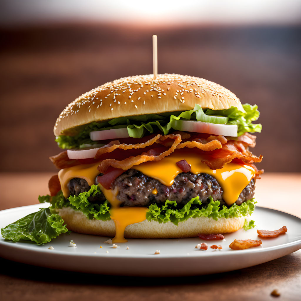 Double Cheeseburger with Bacon, Lettuce, Onions, and Condiments on Sesame Bun