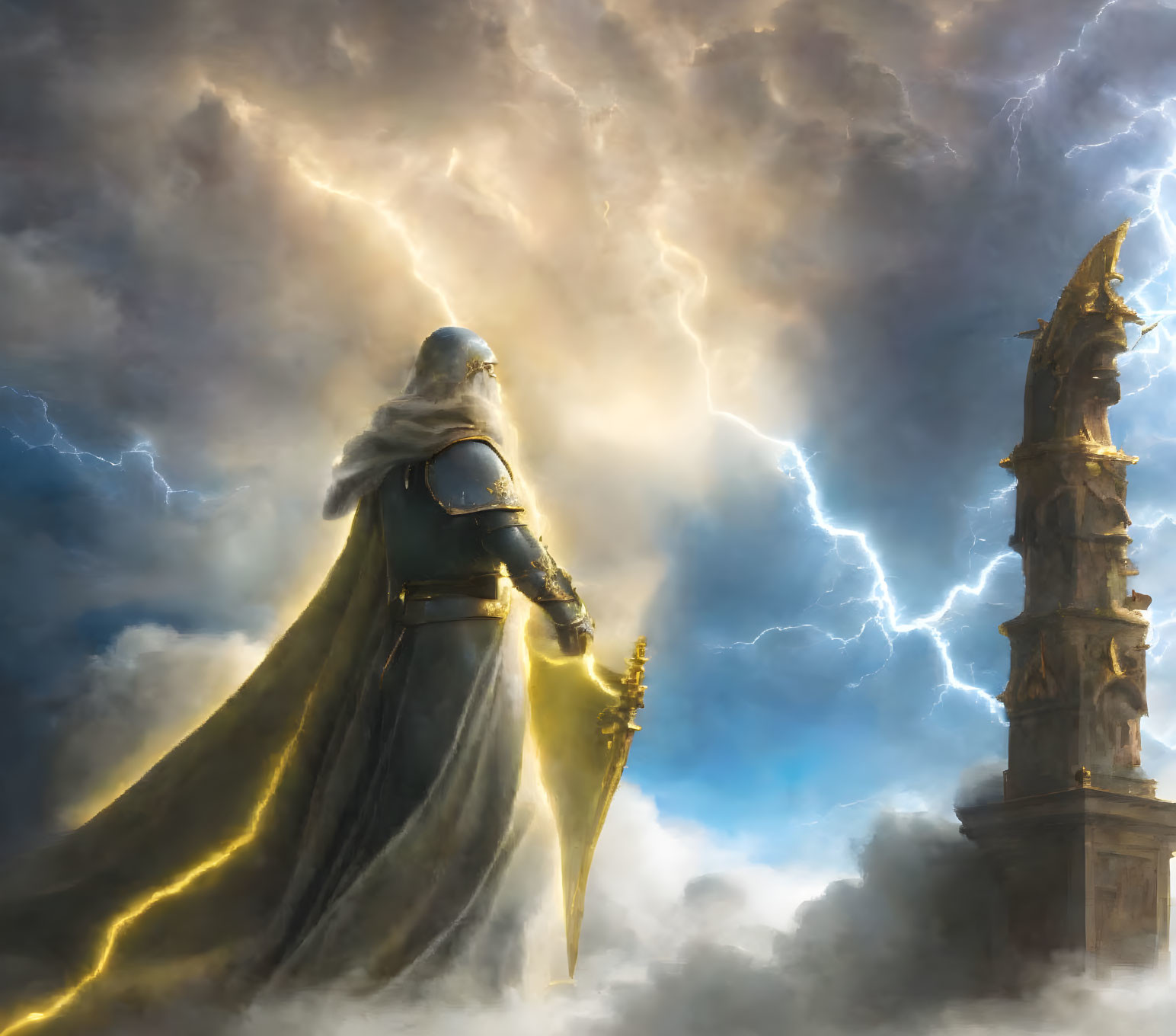 Mysterious cloaked figure with glowing staff in stormy sky