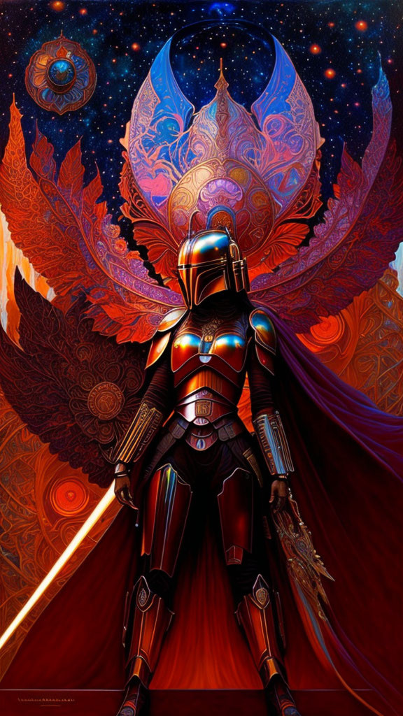 Futuristic armored figure with glowing red sword in cosmic setting