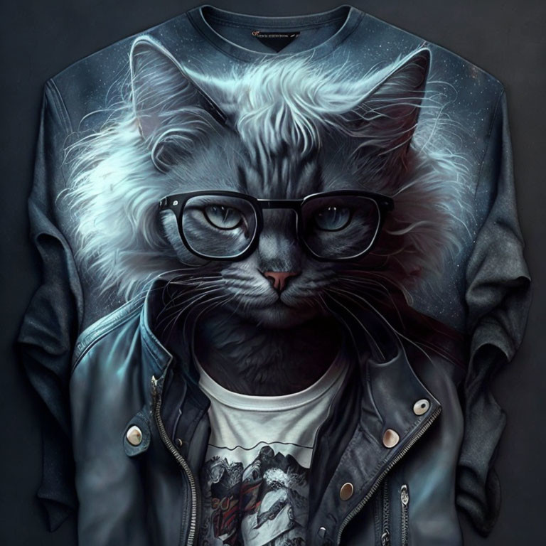 Cat with human-like features in glasses, leather jacket, and t-shirt on starry backdrop